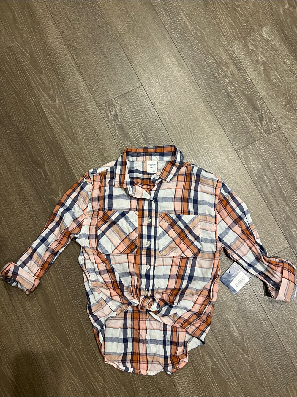 Arizona Girls  Plaid Button-Up Shirt - Orange, Navy & White